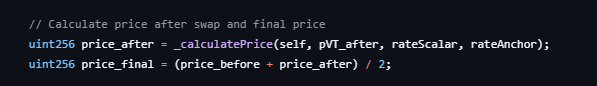 The code computing price_final = (price_before + price_after) / 2 — the midpoint approximation that Defimon identified as the root cause